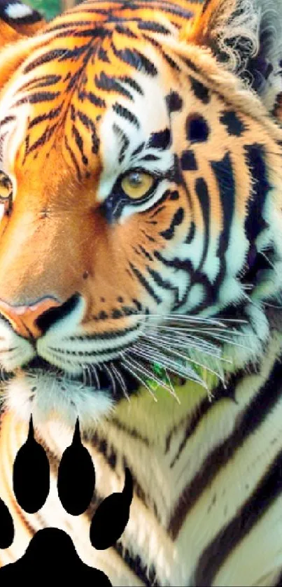 Majestic tiger with orange stripes and paw print in nature.