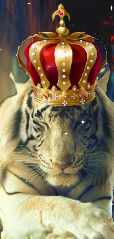 White tiger wearing a regal crown with starry background.
