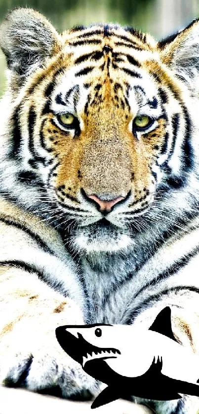 Majestic tiger with a shark design on mobile wallpaper.