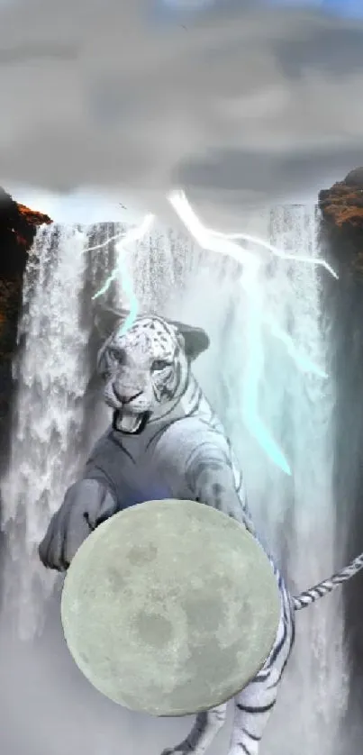 Majestic white tiger with moon and waterfall, under a lightning-filled sky.