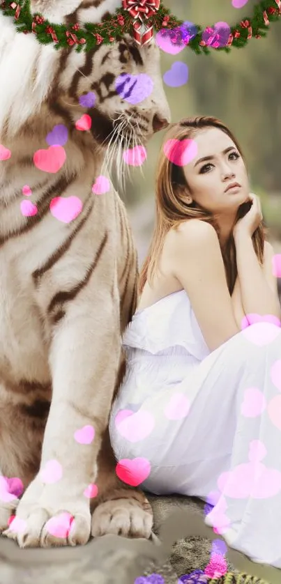 White tiger and woman with floating pink hearts in tranquil nature.