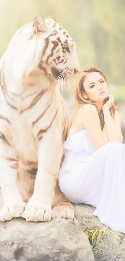 White tiger sitting beside a woman in nature.