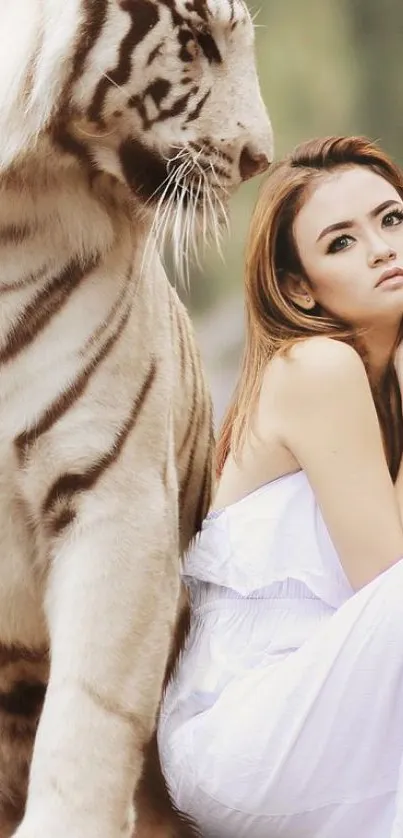 White tiger with a serene woman in elegant setting.