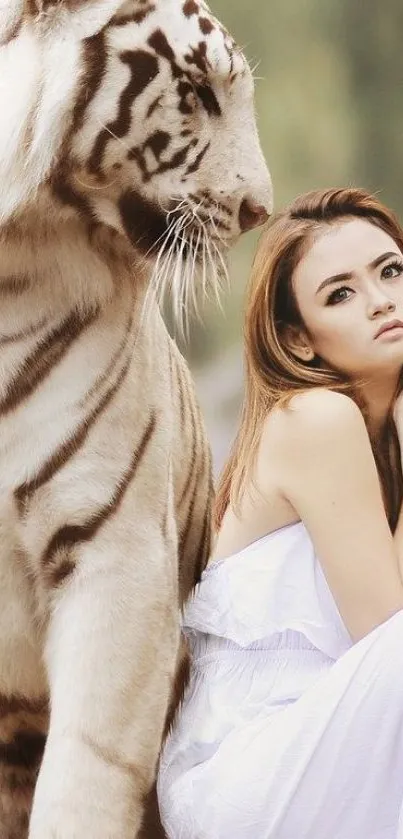 Majestic white tiger sitting beside a woman in a serene setting.