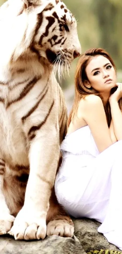 White tiger and woman sitting on rocks in a serene nature setting.