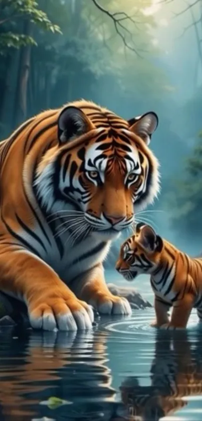 Tigers by the water in a serene forest setting.