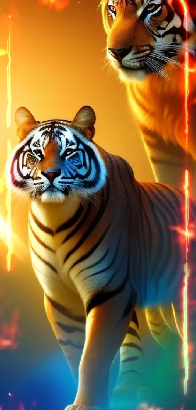 Two majestic tigers with vibrant colors in a digital artwork wallpaper.