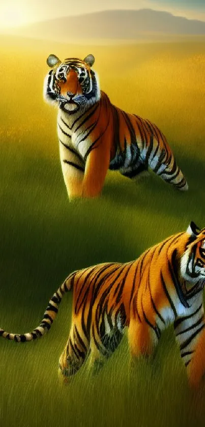 Two tigers walking in a golden grassy field at sunset.