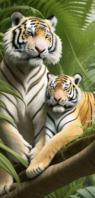 Majestic tigers in a lush green jungle setting on a mobile wallpaper.