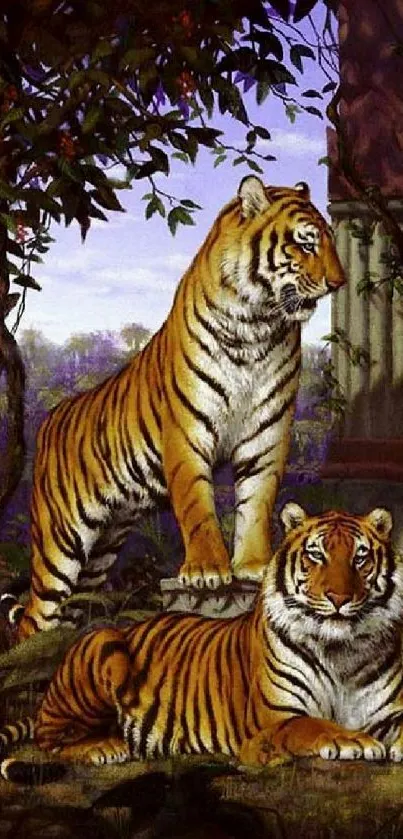 Two majestic tigers in a jungle setting with lush greenery and vibrant colors.