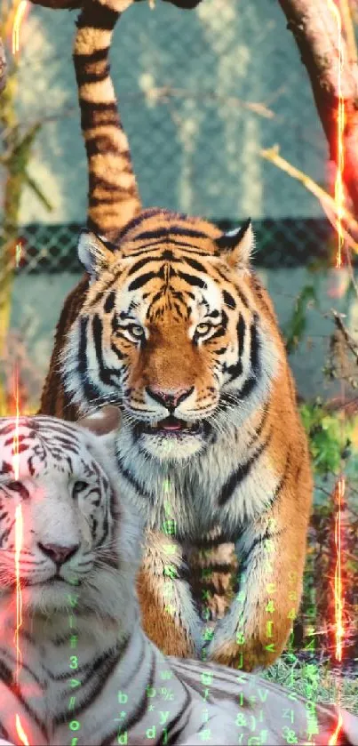 Beautiful mobile wallpaper of two majestic tigers in their natural habitat.