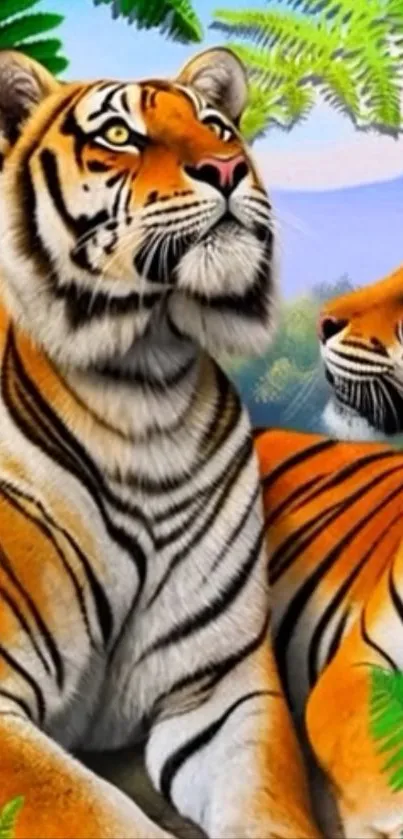 Two majestic tigers in a lush jungle setting with vibrant colors.