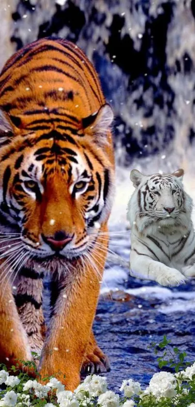 Bengal and white tiger by a waterfall, surrounded by nature.