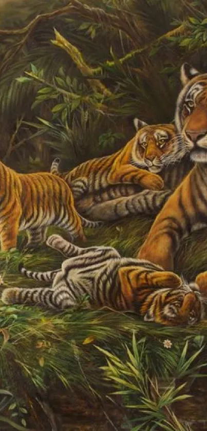 Tiger family resting in a lush jungle setting with rich green foliage.