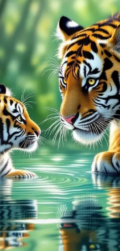 Illustration of two tigers in a serene water setting with forest background.