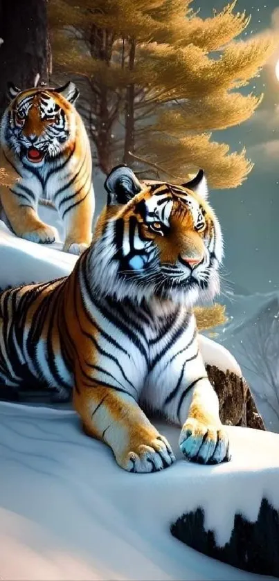 Majestic tigers perched on snowy rocks at night.
