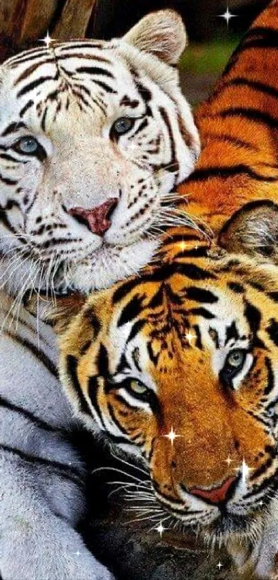 Two majestic tigers lounging together in the wild.