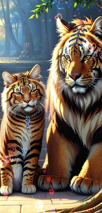 Two majestic tigers sitting in a serene forest setting.