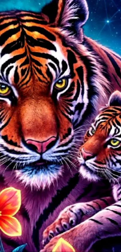 Illustration of two tigers in a colorful night jungle scene.
