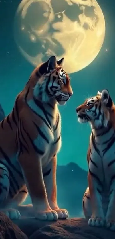 Two majestic tigers under a glowing full moon night.