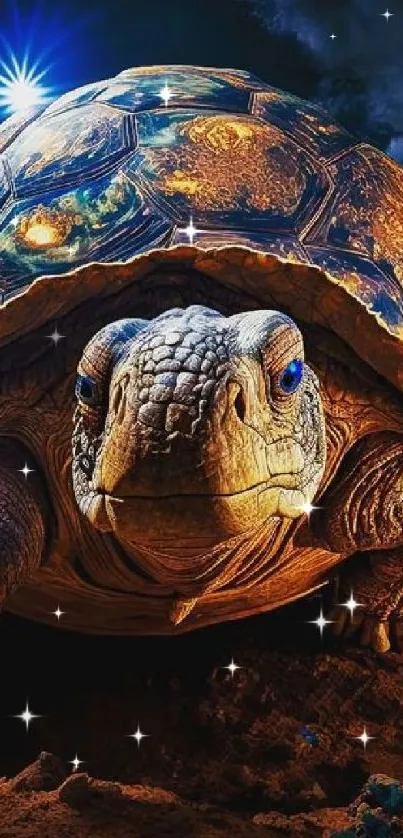 Majestic tortoise in a surreal fantasy landscape with cosmic elements.