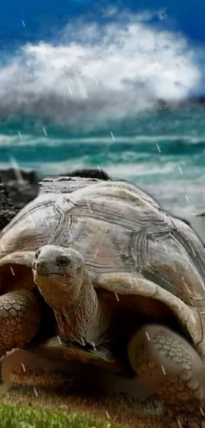 Majestic tortoise on a rainy coastal landscape mobile wallpaper.