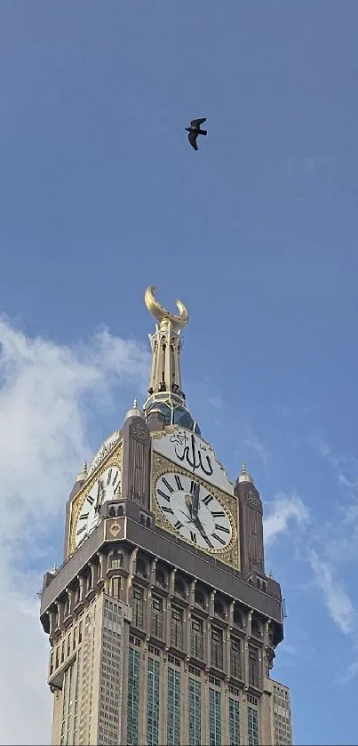 Majestic clock tower set against a vibrant blue sky with a bird flying above.