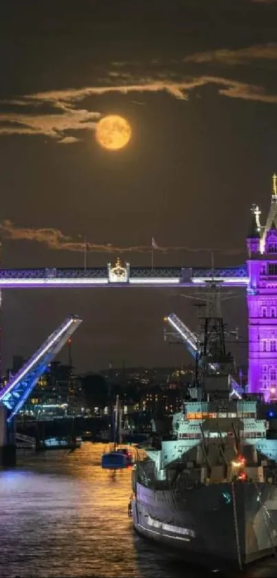 Tower Bridge at night under a full moon with vibrant lights reflecting on water.