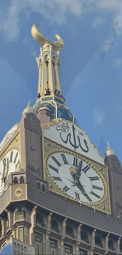 Majestic clock tower with gold details against a clear blue sky.