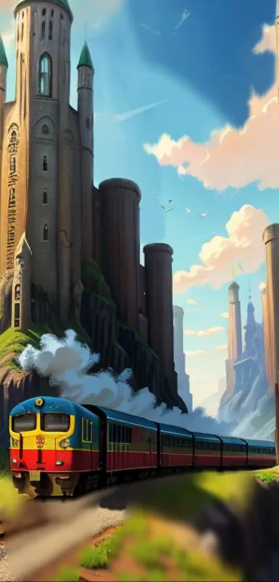 Colorful train passes majestic castles under a bright blue sky.