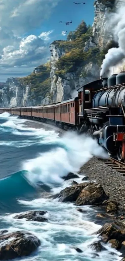 Vintage steam train traveling along a coastal route with waves crashing on rocks.