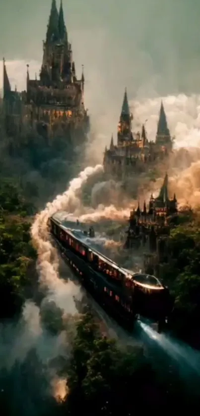 Fantasy landscape with a train and mystical castles enveloped in mist.