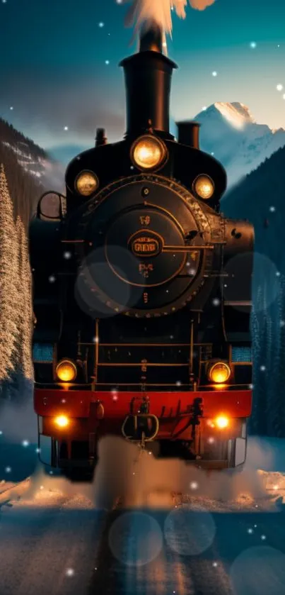 Vintage train traveling through snowy mountains at sunset, scenic landscape.