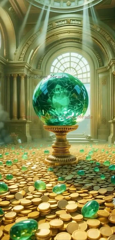 Glowing emerald orb on gold coins in an ornate chamber.