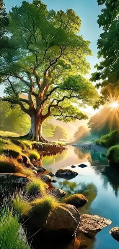 Majestic tree beside a tranquil river, bathed in sunlight.