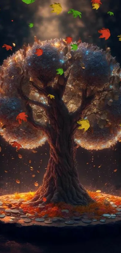 Majestic fantasy tree with golden leaves.