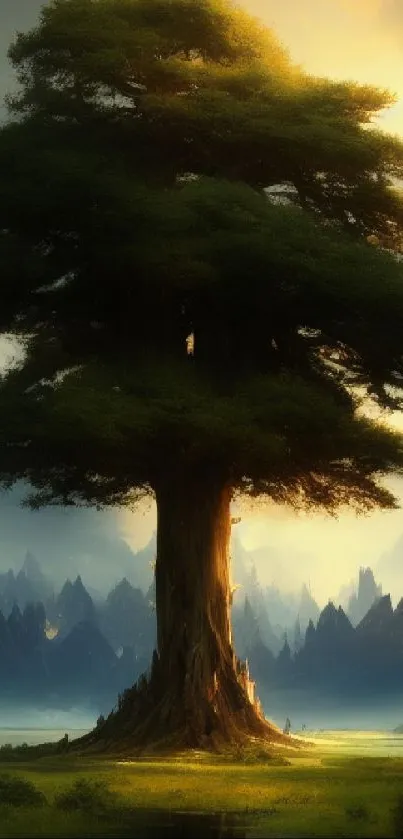 Majestic tree with mountainous backdrop in a fantasy landscape.