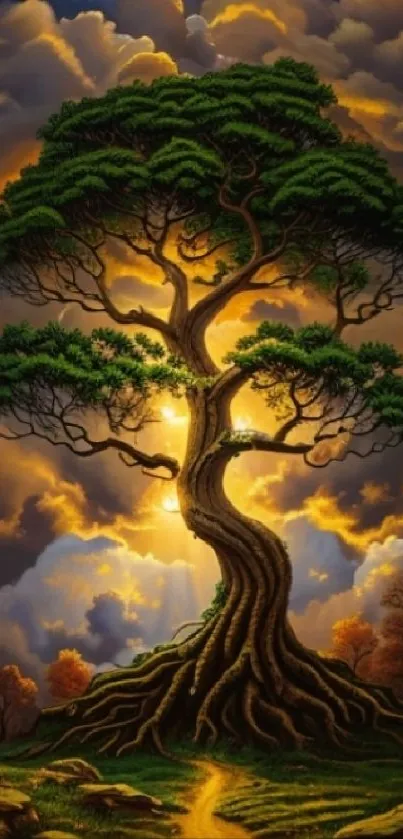 Majestic tree against a luminous sunset sky.