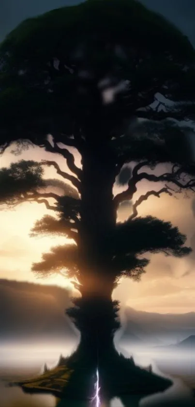 Majestic tree silhouette against a sunset.