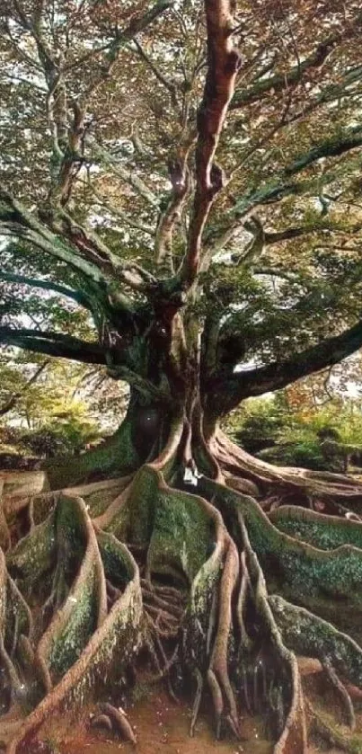 Majestic tree with intricate roots and lush foliage mobile wallpaper.