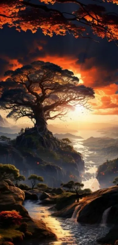 Majestic sunset tree over tranquil river with mountains.