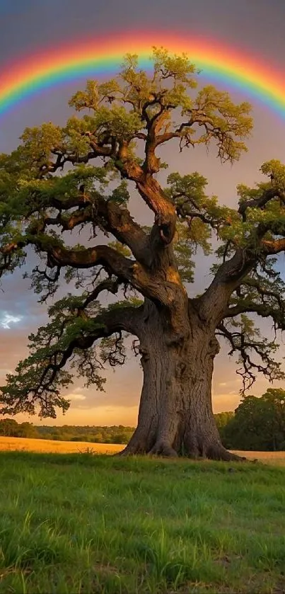 Majestic tree with a rainbow in the sky, perfect mobile wallpaper.