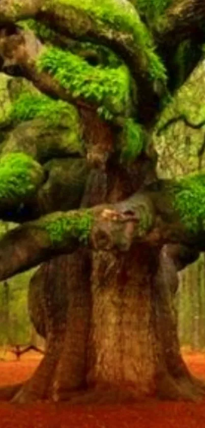 Majestic tree with vibrant green moss in a serene forest setting.