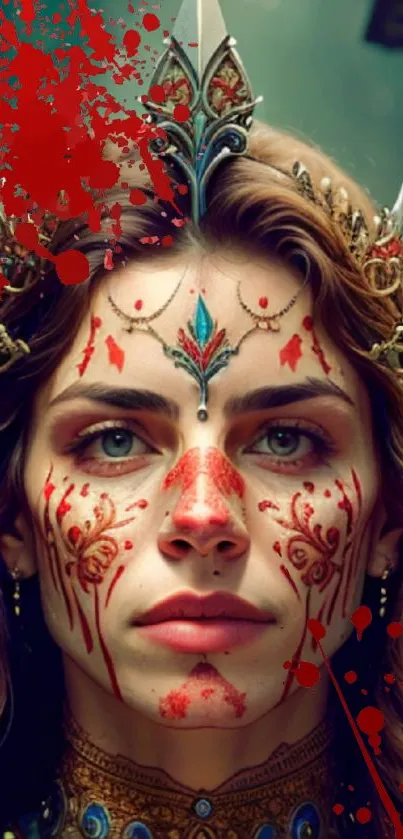 Portrait of a fantasy tribal queen with ornate face paint and a crown.