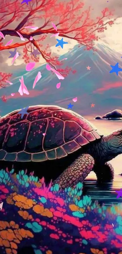 Vibrant turtle scene with mountains and colorful foliage.