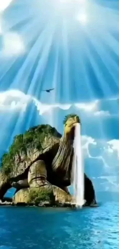 Fantasy turtle island with waterfall under a vibrant blue sky.