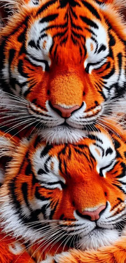 Twin tigers resting with eyes closed, showcasing vibrant orange and black stripes.