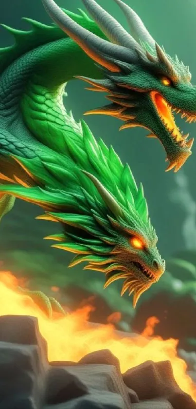 A fierce dual-headed dragon with fiery eyes in a dynamic fantasy scene.