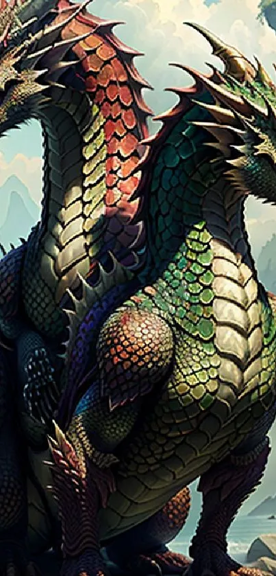 Two-headed dragon artwork in a fantasy landscape with rich colors and details.