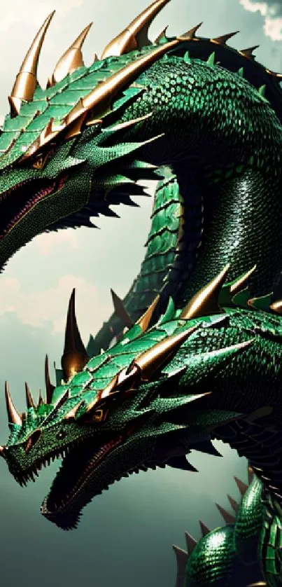 Two-headed dragon with emerald scales and golden spikes against a cloudy sky.